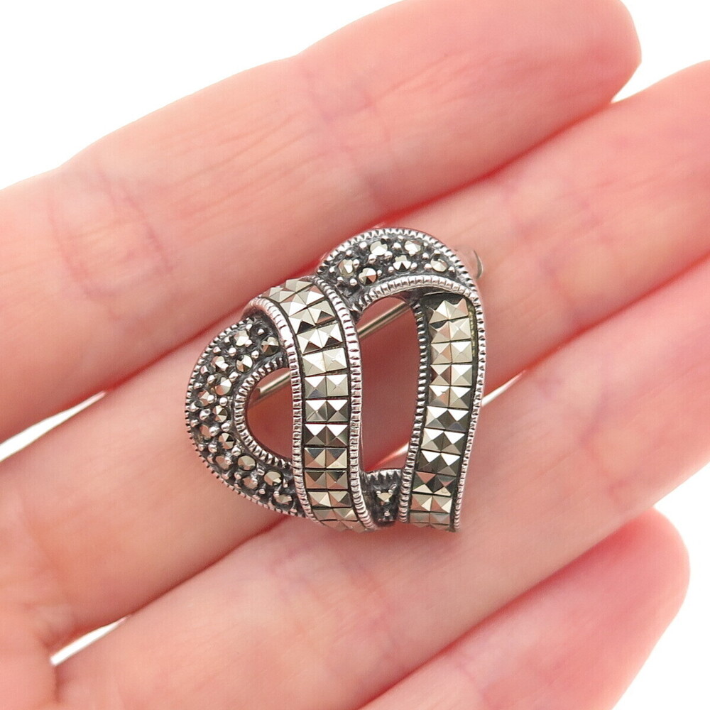 Judith Jack 925 Sterling Silver Vintage Real Marcasite Heart Oxidized Pin Brooch